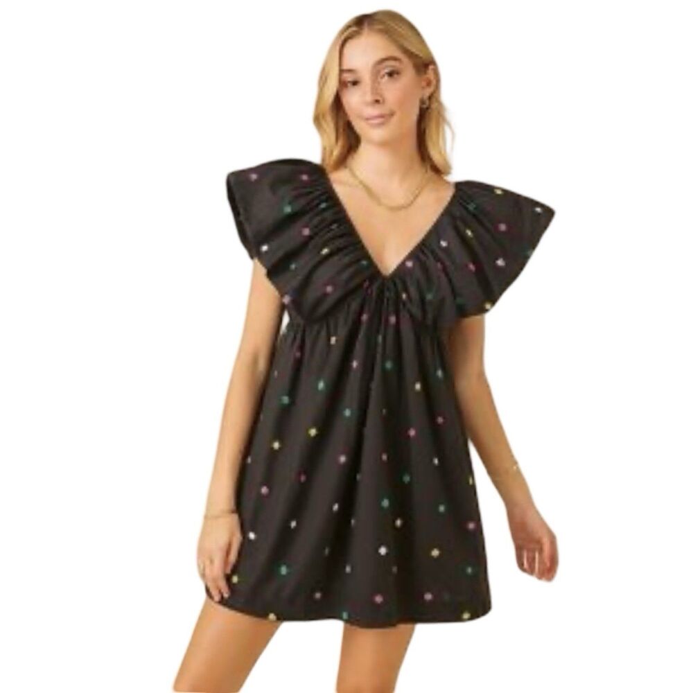 Women’s Babydoll Mini Dress Black Polka Dot Puff Ruffle V Neck Size M